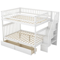 Full over Full Bunk Bed with Two Drawers and Storage, Multifunction Wood Bunk Bed with Staircase, Storage Shelves and Safety Guardrail, No Box Spring Needed, White
