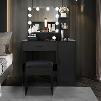 Black Bedroom Makeup Vanity Set, Vanity Desk with Light, Mirror and Cushioned Stool, Modern Makeup Dressing Table for Girls, Wife, Daughter, Mother, Adjustable Light Brightness
