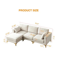 L-Shaped Sectional Sofa with Movable Ottaman, Sectional Couch with Reversible Chaise, Modern Upholstered Accent Sofa with 2 Pillows and Gold Metal Legs for Living Room Bedroom Apartment, Beige