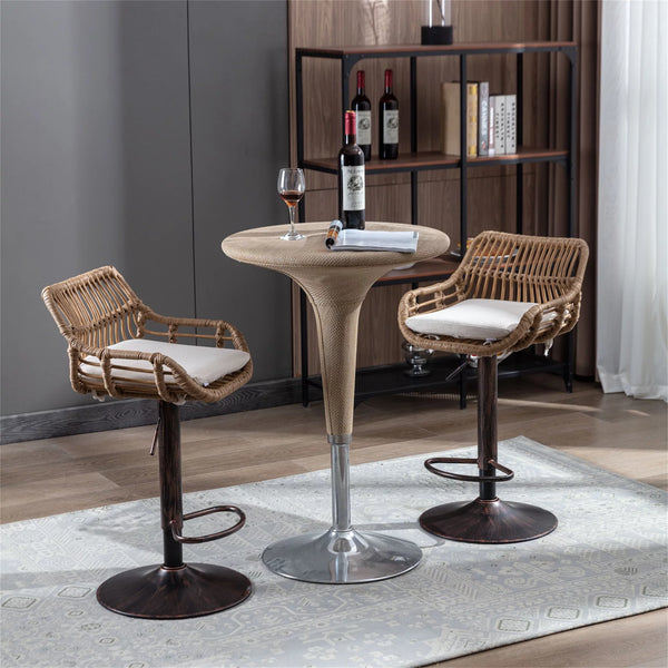 Swivel Bar Stools Set of 2 Adjustable Counter Height Bar Stools, Retro PE Rattan Bar Chair Upholstered Barstools with Footrest and Metal Base for Home Pub Kitchen Island and Dining Room, Beige