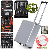 799PCS Aluminum Trolley Case Tool Set, Complete Tool Box Set with Rolling Wheels, Household Hand Tools Kit for Men, Silver