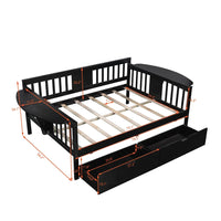 Full Size Daybed with Two Drawers, Multifunctional Wood Daybed Frame with Three Sides Handrails and Foldable Shelves, Full Platform Bed Sofa Bed with Wood Slat Support, No Box Spring Needed, Espresso