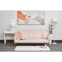Convertible Sofa Bed, Velvet Loveseat Couch with Pillow and 2 Folding Cup Holders, Upholstered Accent Sofa with Adjustable Back and Nailhead Trim for Living Room Bedroom Office, Pink