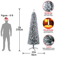 7FT Prelit Snow Flocked Artificial Pencil Christmas Tree, Xmas Tree with 150 LED UL Plug Warm Lights 570 Branch, Artificial Slim Xmas Tree Indoor Outdoor Home Decor Holiday, Green