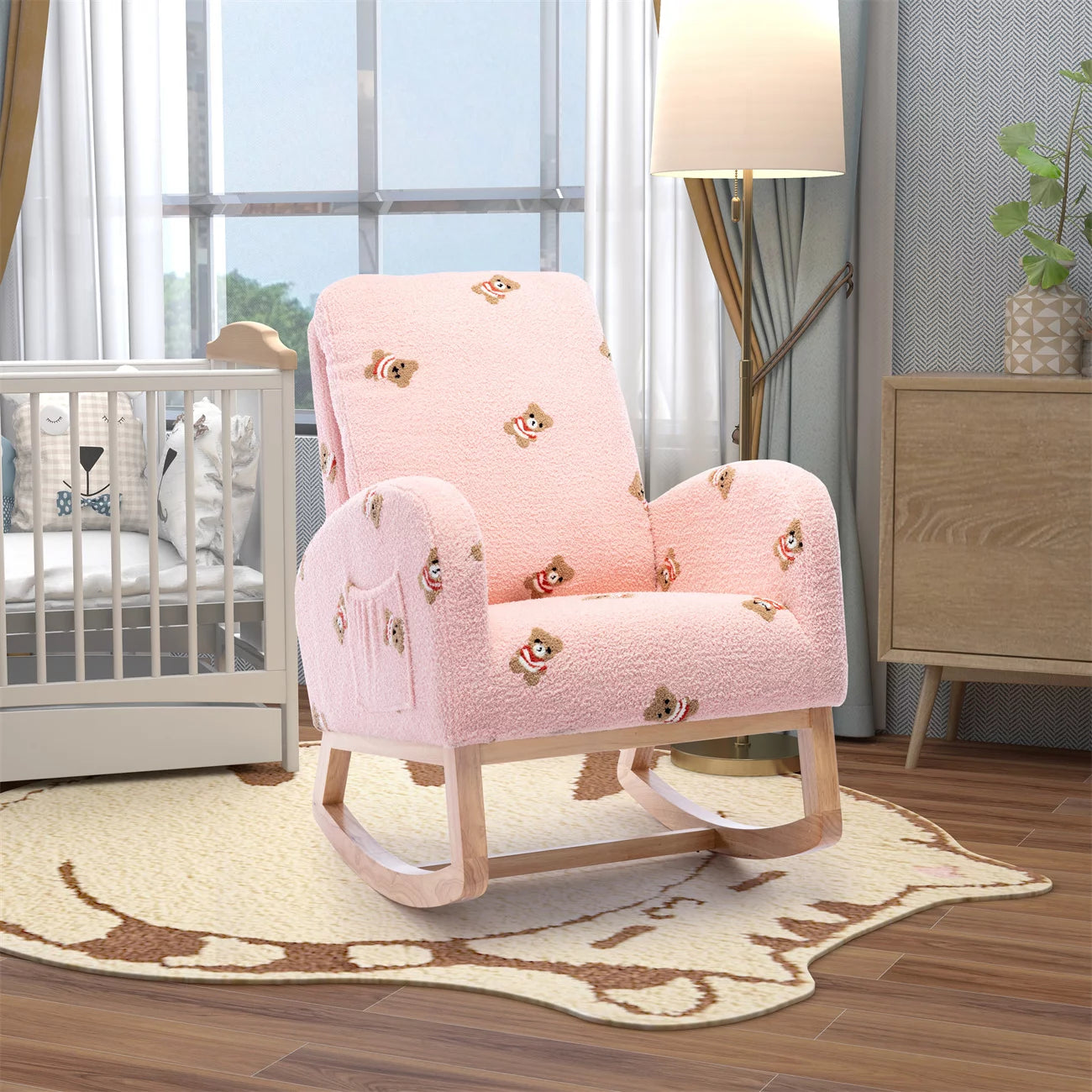 Rocking Chair for Nursery, Modern Upholstered Rocker Chair with High Back and Side Storage Pocket, Comfy Leisure Accent Armchair for Bedroom, Living Room and Balcony, Pink