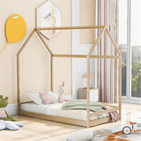 Twin Size House Bed Frame, Floor Bed for Kids and Toddler, Natural