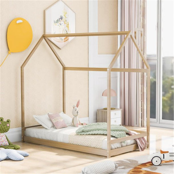 Twin Size House Bed Frame, Floor Bed for Kids and Toddler, Natural