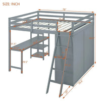 Full Size Loft Bed with Desk and Wardrobe, Solid Wood Loft Bed Frame with Inclined Ladder and Full-Length Guardrail, Loft Bed with Desk and Storage for Kids Teens Girls Boys Bedroom Dorm, Gray