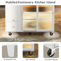 Kitchen Island with Drop Leaf, Modern LED Light Kitchen Cart on Wheels with 2 Fluted Glass Doors and 1 Flip Cabinet Door, 44" Large Kitchen Island Cart with an Adjustable Shelf and 2 Drawers, White