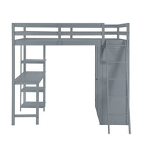 Full Size Loft Bed with Desk and Wardrobe, Solid Wood Loft Bed Frame with Inclined Ladder and Full-Length Guardrail, Loft Bed with Desk and Storage for Kids Teens Girls Boys Bedroom Dorm, Gray