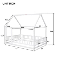 Full Size House Bed for Children,Solid Wood Floor Bed Frame with Fence Guardrails and Roof Montessori Bed,Playhouse Bed for Children Girls and Boys,White(No Bed Slats)