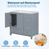 36 Inch Bathroom Vanity with Sink and USB Charging, Freestanding Floor Storage Vanity Cabinet with 2 Doors and 3 Drawers, Small Single Combo Cabinet-Faucets Not, White & Gray Blue