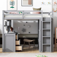 Multi-functional Loft Bed,Twin Size Loft Bed Frame with Desk, Wardrobe and 3 Drawers, Wood High Loft Bed Frame with Full-Length Guardrails for Kids Teens Boys Girls, Gray