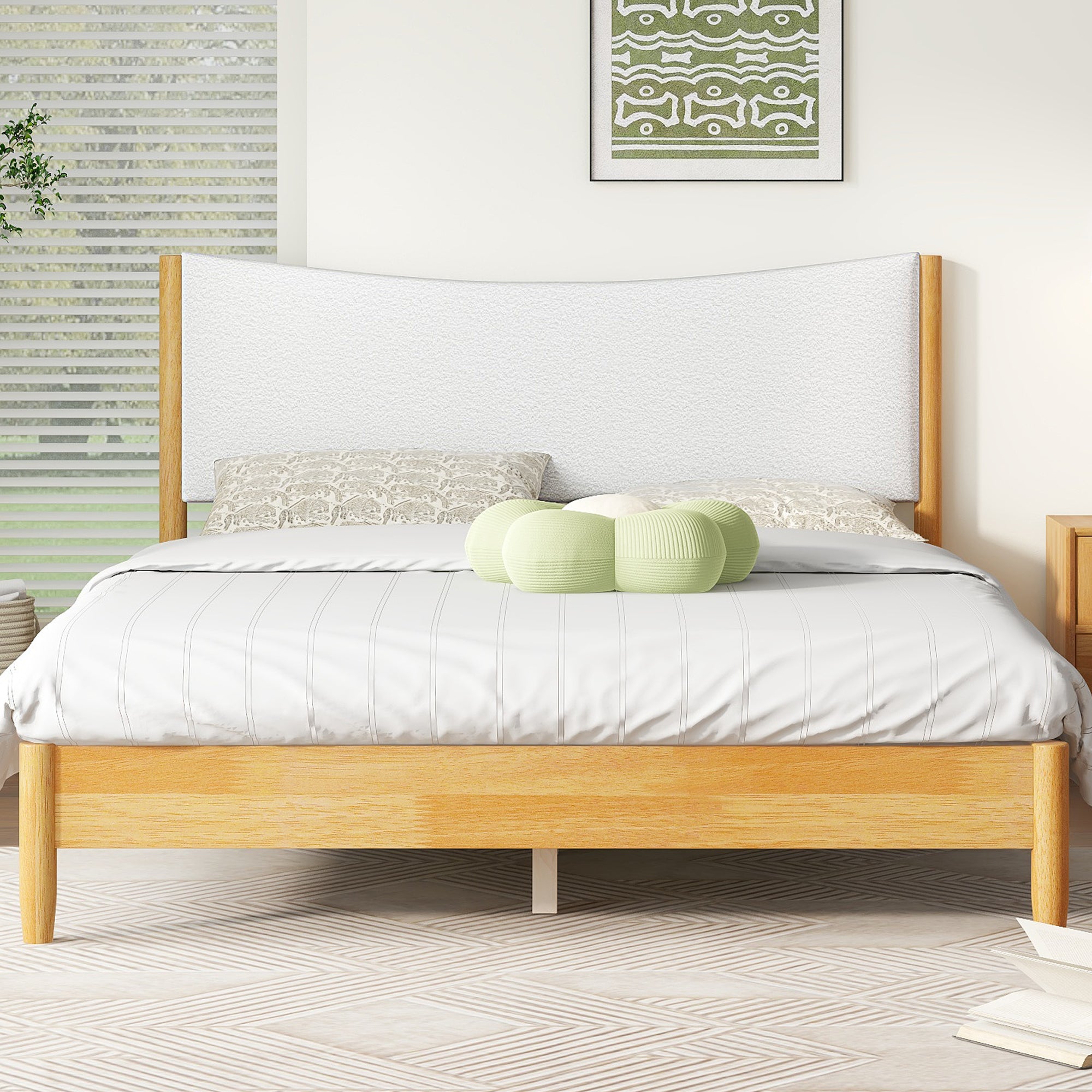 Triple Tree Queen Size, Solid Rubber Wooden Bed with Boucle Upholstered Headboard, Enhanced by Support Feet,Beech White