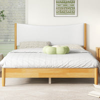 Triple Tree Queen Size, Solid Rubber Wooden Bed with Boucle Upholstered Headboard, Enhanced by Support Feet,Beech White
