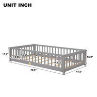 Twin Floor Bed Frame for Kids Toddlers, Wooden Montessori Bed with 7 Wood Slats, Fence-Shaped Guardrails and Door for Boys Girls Bedroom Playroom, No Box Spring Needed, Gray