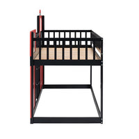 Train Shaped Bunk Bed with Window, Wood Twin Over Twin Loft Bed Frame with Full-Length Guardrail & Ladders, Multifunctional Floor Loft Bunk Bed for Boys Girls, Space-Saving, No Box Spring Needed, Red