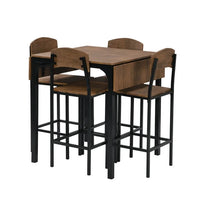 5-piece Counter Height Dining Table Set, Farmhouse Dining Room Table Set with Drop-Leaf Tabletop and Metal Frame, Industrial Kitchen Bar Table Set with 4 Chairs and Footrest, Space Saving, Black+Brown