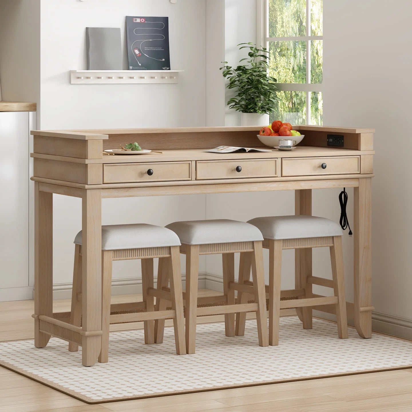 4-Piece Dining Bar Table Set, Counter Height Table Set with 3 Upholstered Stools, Multifunctional Console Table Set with 3 Drawers, USB Port and Power Strip, for Dining Room, Living Room, Natural