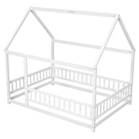 Full Size House Bed for Children,Solid Wood Floor Bed Frame with Fence Guardrails and Roof Montessori Bed,Playhouse Bed for Children Girls and Boys,White(No Bed Slats)