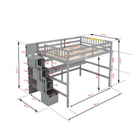 Full Size Loft Bed with Built-in Desk and Bookshelves, Wooden Bed Frame with Storage Staircase and Full-length Guardrail for Kids Teens Adults Bedroom, No Box Spring Needed, Gray
