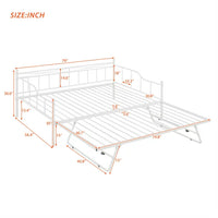 Full Size Daybed with Twin Size Adjustable Trundle, Metal Steel Bedframe with 4 Wheels and Portable Folding for Bedroom Guestroom, No Box Spring Required, Line Pattern, White