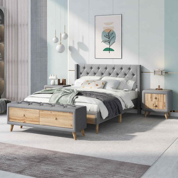 4-Pieces Bedroom Sets, Full Size Platform Bed with Two Nightstands and Storage Bench, Wooden Bedroom Sets, Button Tufted Platform Bed Sets, Wood Platform Bed Frame, Bedroom Furniture Sets, Gray