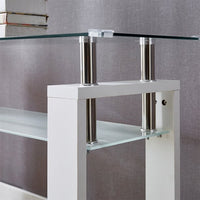 Rectangle Glass Console Table, Modern Clear Cocktail Table with Tempered Glass Top and Open Storage Shelf, Multifunctional 2-Tier Coffee Table with Steel Legs for Living Room Office Bedroom, White