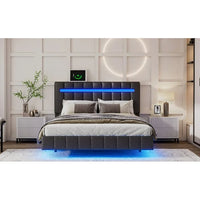 Full Size Floating Bed Frame with LED Lights and USB Charging, Upholstered Headboard Platform Bed, Non-Slip and Noise-Free, Wooden Bed Frame for Kids Teens, Adults,No Box Spring Needed, Black