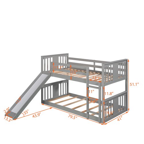 win Over Twin Bunk Bed with Slide and Ladder, Solid Wood Low Bunkbeds for Toddlers/Kids/Teens, White