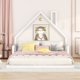 Full Size Floor Bed for Kids,Montessori Bed with House Shape Headboard and Railings, Wood House Bed with Slats for Boys and Girls,No Box Spring Needed,White