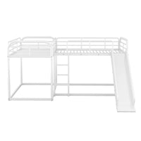 L-Shaped Bunk Bed for 4, Full and Twin Size L-Shaped Bunk Beds with Slide and Ladder & Full-Length Guardrails, Quad Metal Bunk Beds Frame for Kids Teens Adults, Noise Free, No Box Spring Needed, White