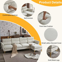 L-Shaped Sectional Sofa with Footstool, Plaid Fleece 4 Seat Sofa Couch with Chaise Lounge and Electroplated Gold Triple Leg, Indoor Modular Sofa for Living Room Office Guestroom, 282*142*88cm