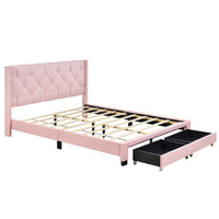 Queen Size Storage Bed, Linen Upholstered Platform Queen Bed Frame with Button Riveted Headboard and 2 Drawers, Queen Platform Bed No Box Spring Required, Pink