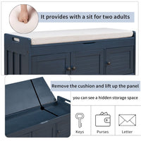 43.5''Storage Bench, Shoe Bench with 3 Shutter-shaped Doors, Rustic Entryway Bench with Removable Cushion and Hidden Storage Space, Antique Navy