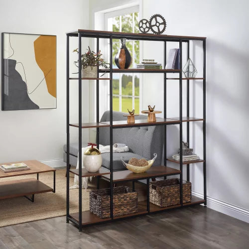 Bookcase and Bookshelf, Vintage Metal Frame 5 Tier Bookshelf with Adjuestable Foot Pads and Open Storage, Freestanding Storage Shelf for Living Room Home Office, Brown