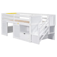 Loft Bed with Storage Stair, Drawers and Shelf, Twin Size Loft Bed Frame with Full-Length Guardrail, Low Loft Bed with Large Under-Bed Space for Teens Boys Girls, No Box Spring Required, White