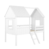 Twin House Loft Bed with Roof for Kids, Low Wooden Bed Frame with Ladder and Fence Guardrails, Montessori Bed with Two Side Windows for Boys Girls Bedroom, No Box Spring Needed, White