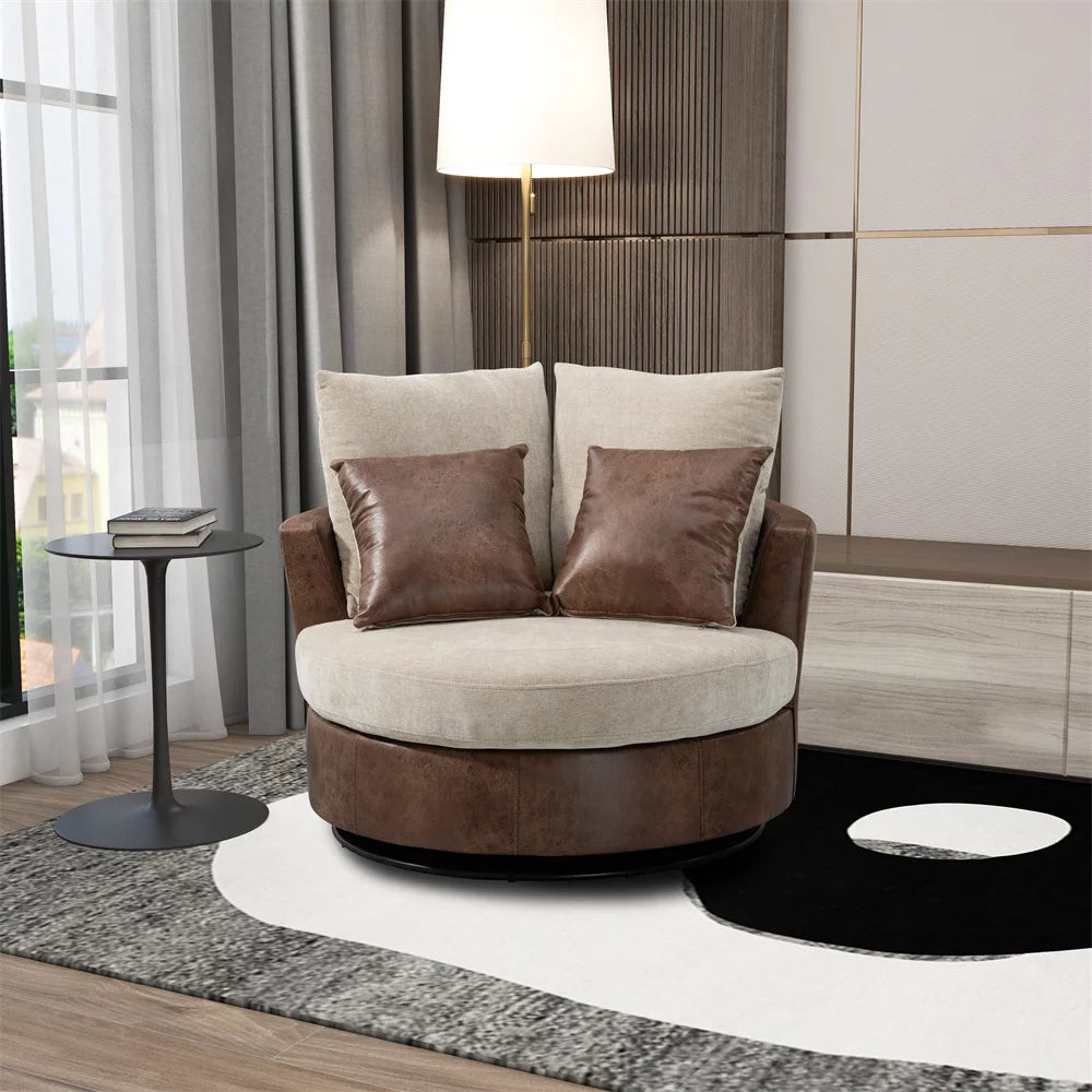 Swivel Accent Barrel Chair, Modern Upholstered Barrel Chair with 4 Pillows and Metal Base, Comfy 42.2"W Oversized 360° Swivel Single Sofa Chair, Lounge Leisure Chair, Bronzing Suede+Chenille, Beige
