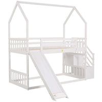 Twin Over Twin Bunk Bed with Convertible Slide,Solid Wood Bunk Bed Frame with Storage Staircase,Playhouse Design Bunk Bed for Boys and Girls,Easy Assembly,White