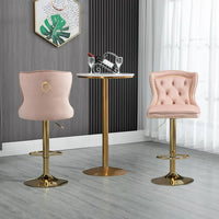 Modern Swivel Bar Stool Set of 2, Velvet Tufted Adjustable Counter Height Dining Chairs with Padded Seat & Backrest & Footrest, Nailhead Trim Side Chairs for Kitchen, Home Bar, Dining Room, Pink