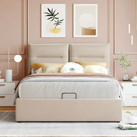 Full Size Upholstered Platform Bed with Hydraulic Storage System, Lift Up Storage Bed Full Size with Headboard and Button Tufted, Wooden Bed Frame for Teens Adults, No Box Spring Needed (Beige)