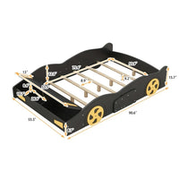 Full Size Race Car-Shaped Platform Bed for Kids, Solid Wood Platform Bed Frame with Wheels and Storage, Sturdy Car Bed with Full-Length Guardrails for Kids Boys and Girls, Space Saving Design, Black