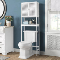 Bathroom Over The Toilet Storage Cabinet, Bamboo Over Toilet Organizer with 2 Doors, Inside Adjustable Shelf and Open Shelf, Freestanding Storage Rack for Laundry, Hotel, Restroom, White