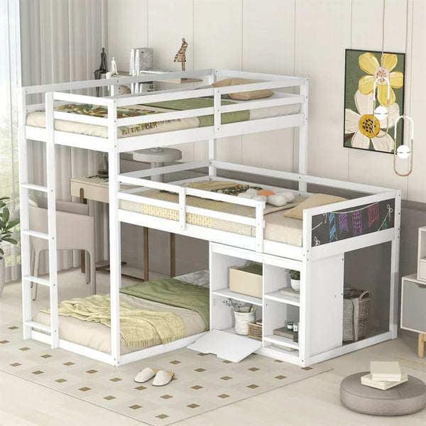 L-Shaped Triple Bunk Bed for 3, Twin Size Bunk Bed with Storage Cabinet and Blackboard Wood Corner Bunk Bed Frame with Full-Length Guardrails and Ladder 3 Bed in 1 for Kids No Box Spring Needed, White