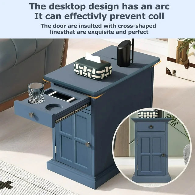 Classic Vintage End Table with USB Ports,Side Table with Multifunctional Drawer with Cup Holders,Night Stand for Living Room Bedroom,Antique Navy