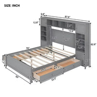 Full Size Platform Bed with 4 Storage Drawers and Bookcase Headboard, Wood Full Bed with All-in-One Cabinet and Shelf, Full Storage Bed Frame for Bedroom, Gray