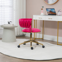 Home Office Desk Armchair with Wheels, Comfy Velvet Upholstered Accent Vanity Chair with Gold Base, Adjustable Hight Swivel Task Computer Chair for Living Room, Bedroom, Rose Red
