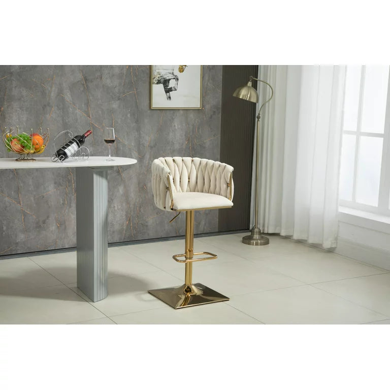 2PCS Height Adjustable Velvet Bar Stools, 360° Swivel Bar Chairs with Woven Back,Upholstered Dining Chairs with Metal Square Base, Side Chairs for Dining Room, Cafe, Pub, Bar Counter