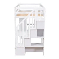 Twin Size Loft Bed with Desk and Storage Stairs, Solid Wood Loft Bed Frame with Drawers and Shelves Functional Loft Bed with Full-length Guardrail for Kids Adults, No Box Spring Needed, White